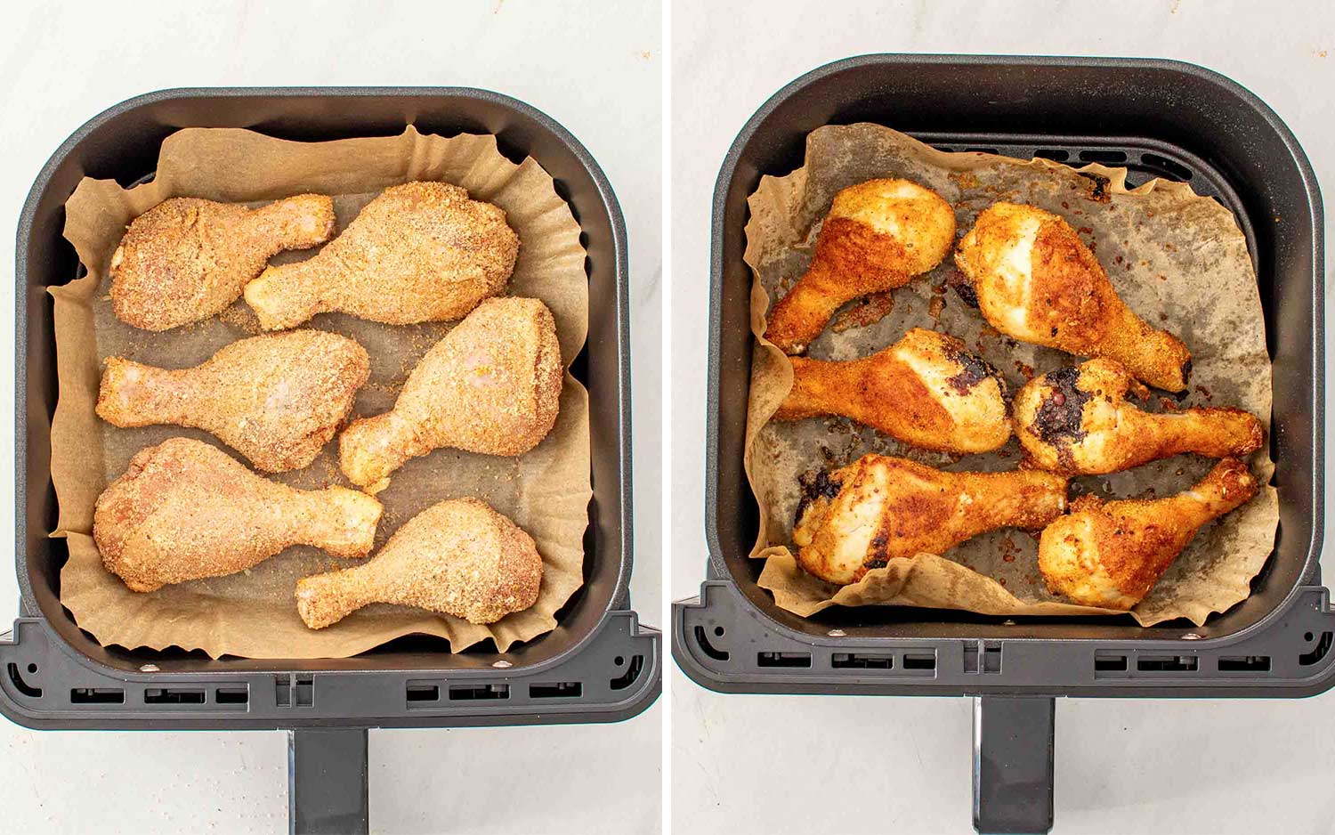 Side-by-side air fryer baskets showing breaded chicken before cooking and crispy golden drumsticks after air frying to perfection.