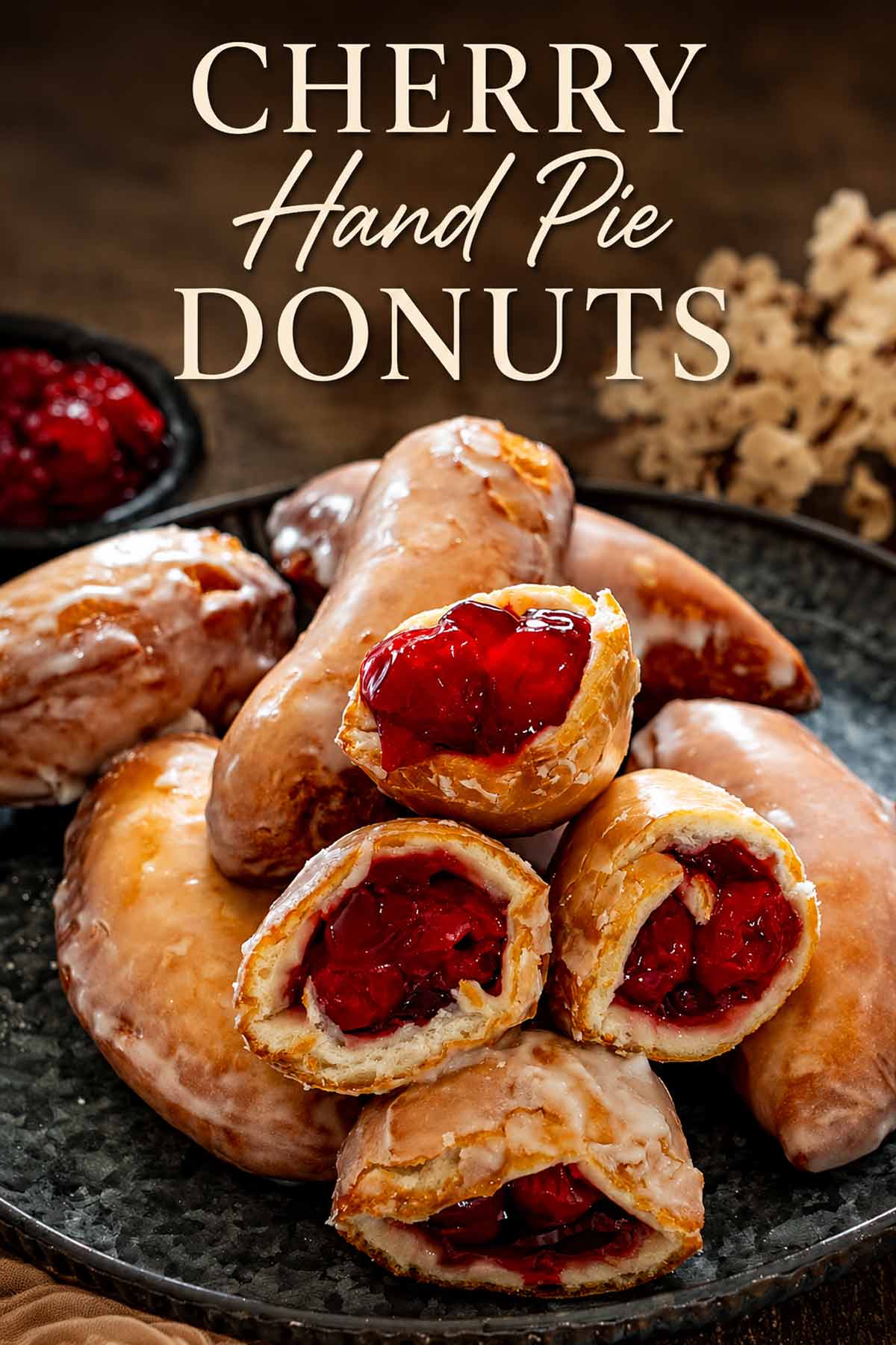 Pinterest graphic featuring glazed cherry hand pie donuts with bright red centers and an elegant recipe title overhead.