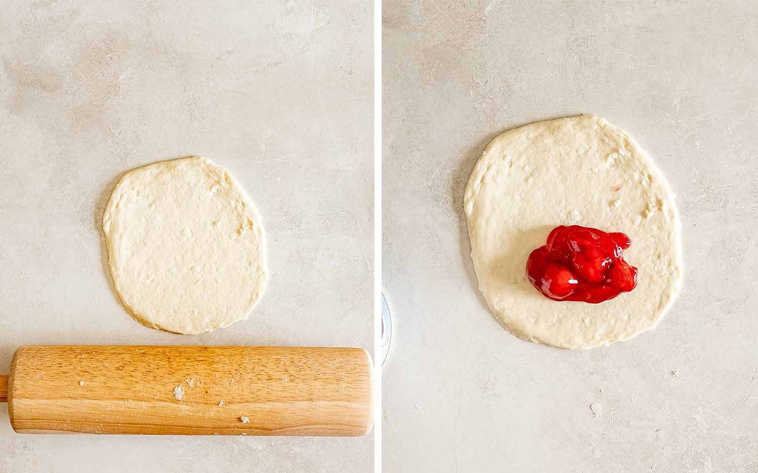 Biscuit dough rolled into a flat circle, then topped with a spoonful of glossy cherry pie filling.