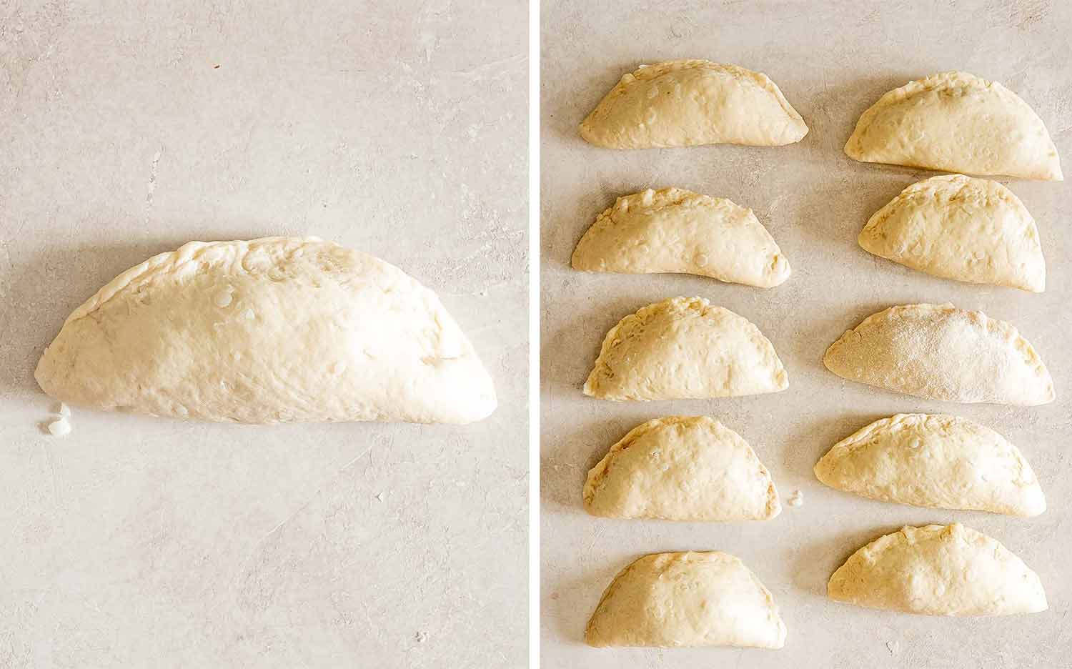 A single sealed cherry hand pie beside ten assembled pastries, ready to be fried until golden brown.