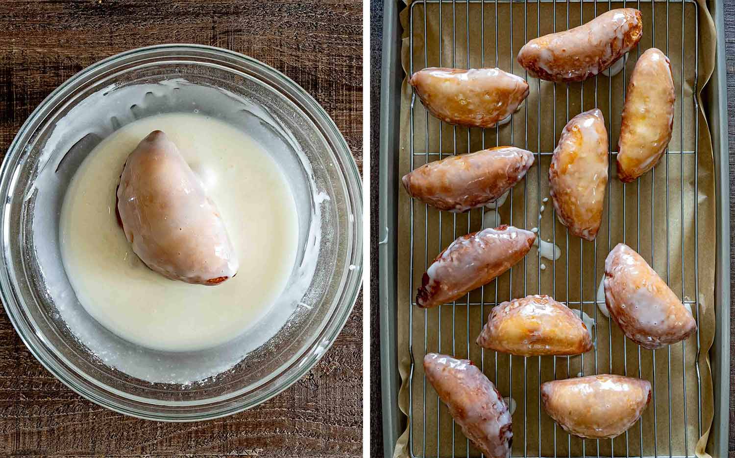 Cherry hand pie donut dipped in glaze beside freshly glazed pastries draining and cooling on a wire rack.