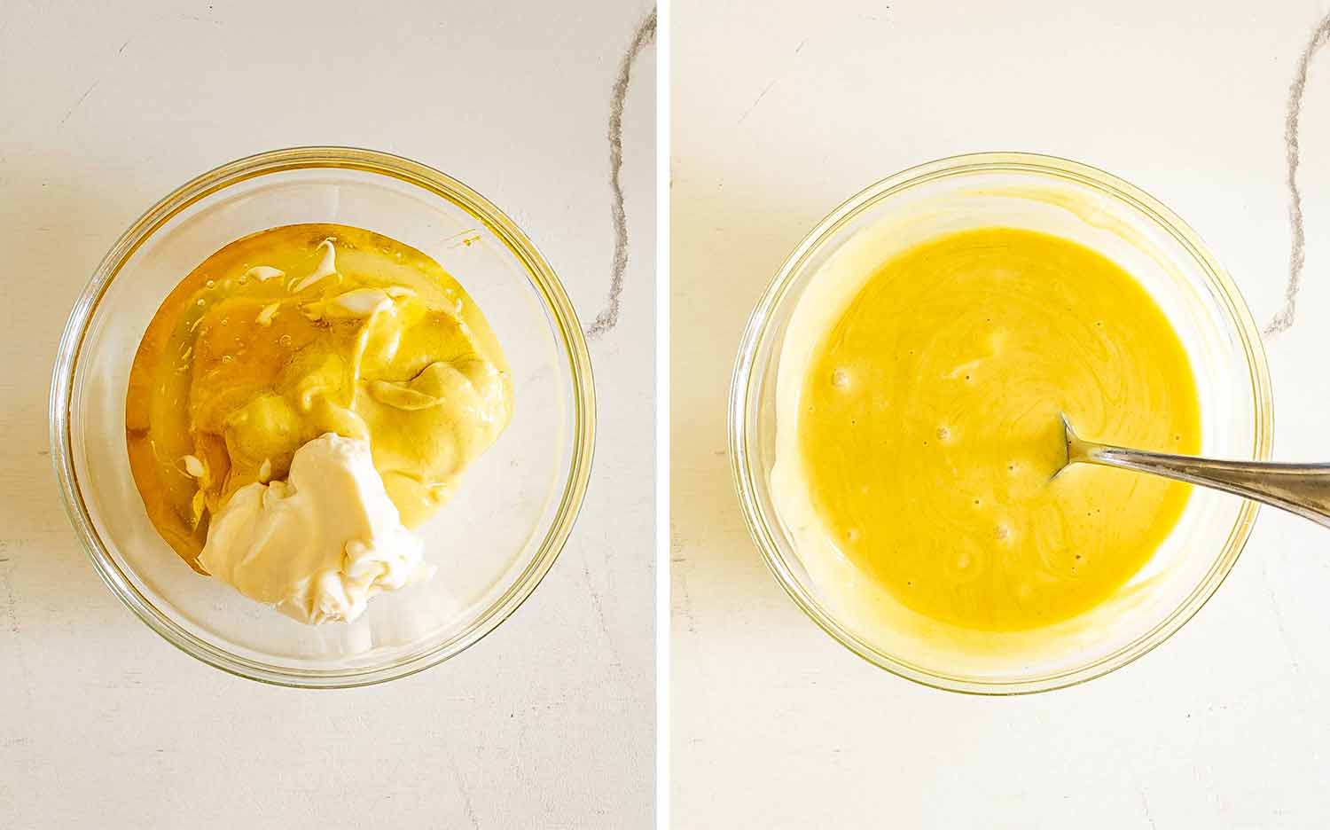 Dijon mustard, honey, and mayonnaise are shown before and after whisking into a smooth golden honey mustard sauce.