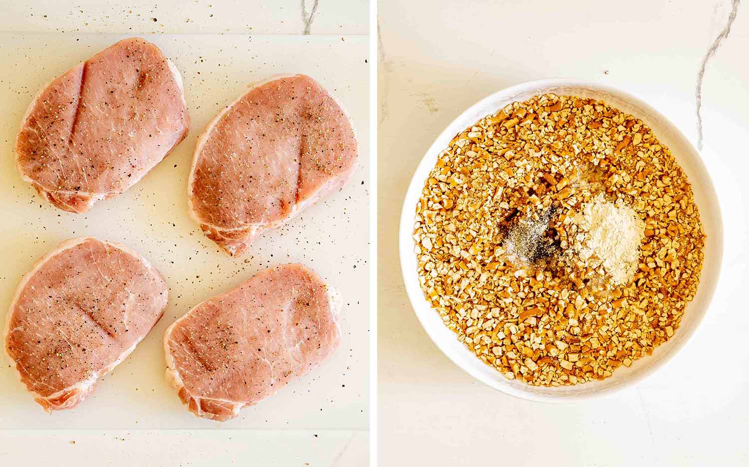 Four raw pork chops are seasoned beside a bowl of crushed pretzels mixed with garlic powder and pepper.
