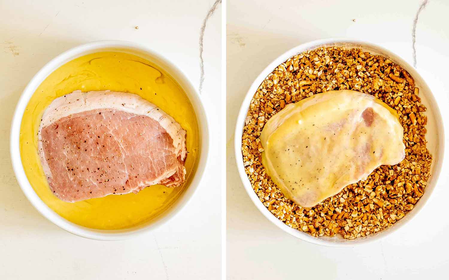 A seasoned pork chop is dipped in honey mustard, then pressed into crushed pretzels for an even coating.
