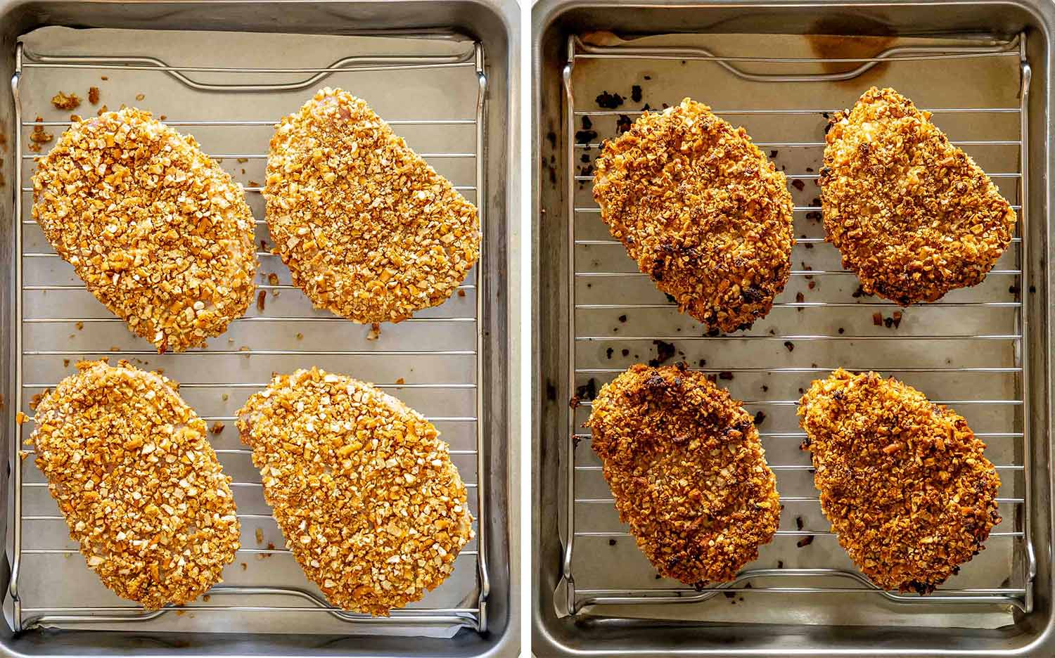 Side-by-side views show four pretzel-crusted pork chops before baking and after turning crisp and deeply golden brown.