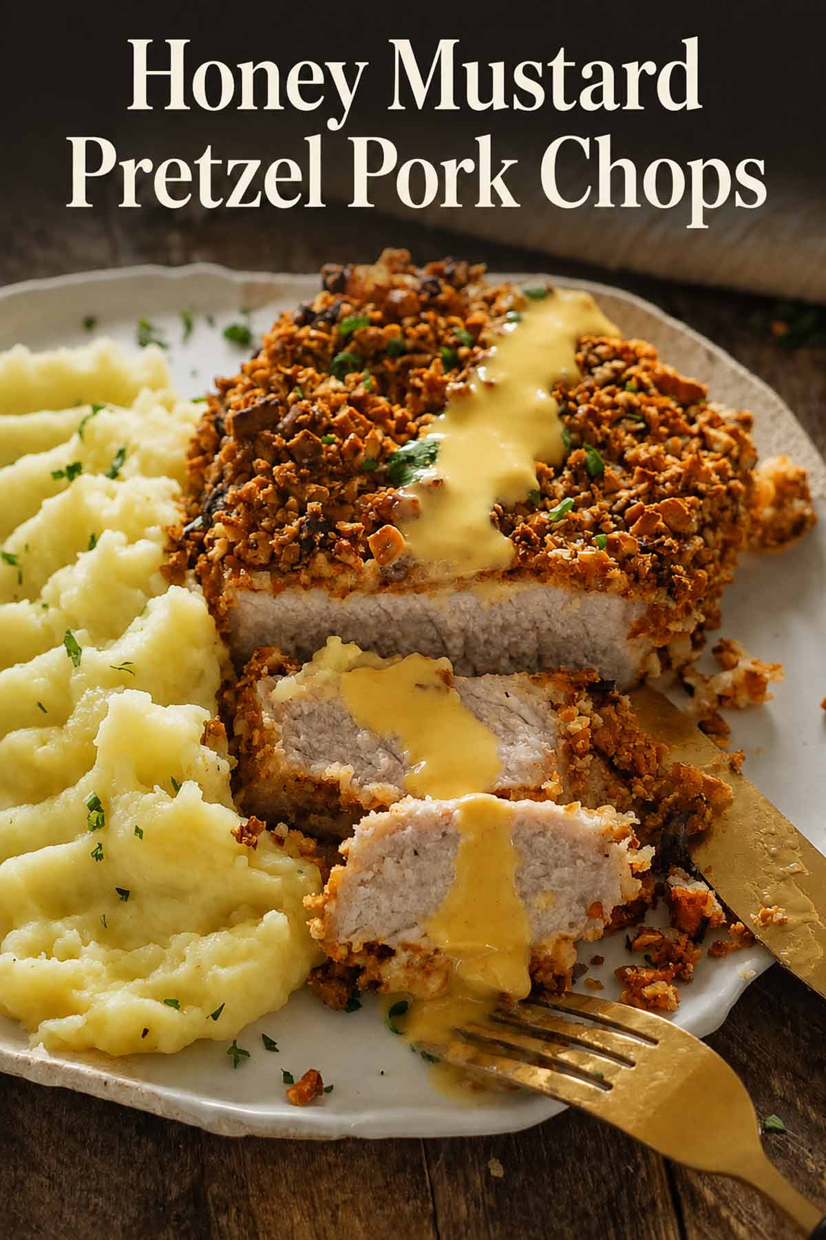 Pinterest graphic featuring sliced honey mustard pretzel pork chops with mashed potatoes and the recipe title above.