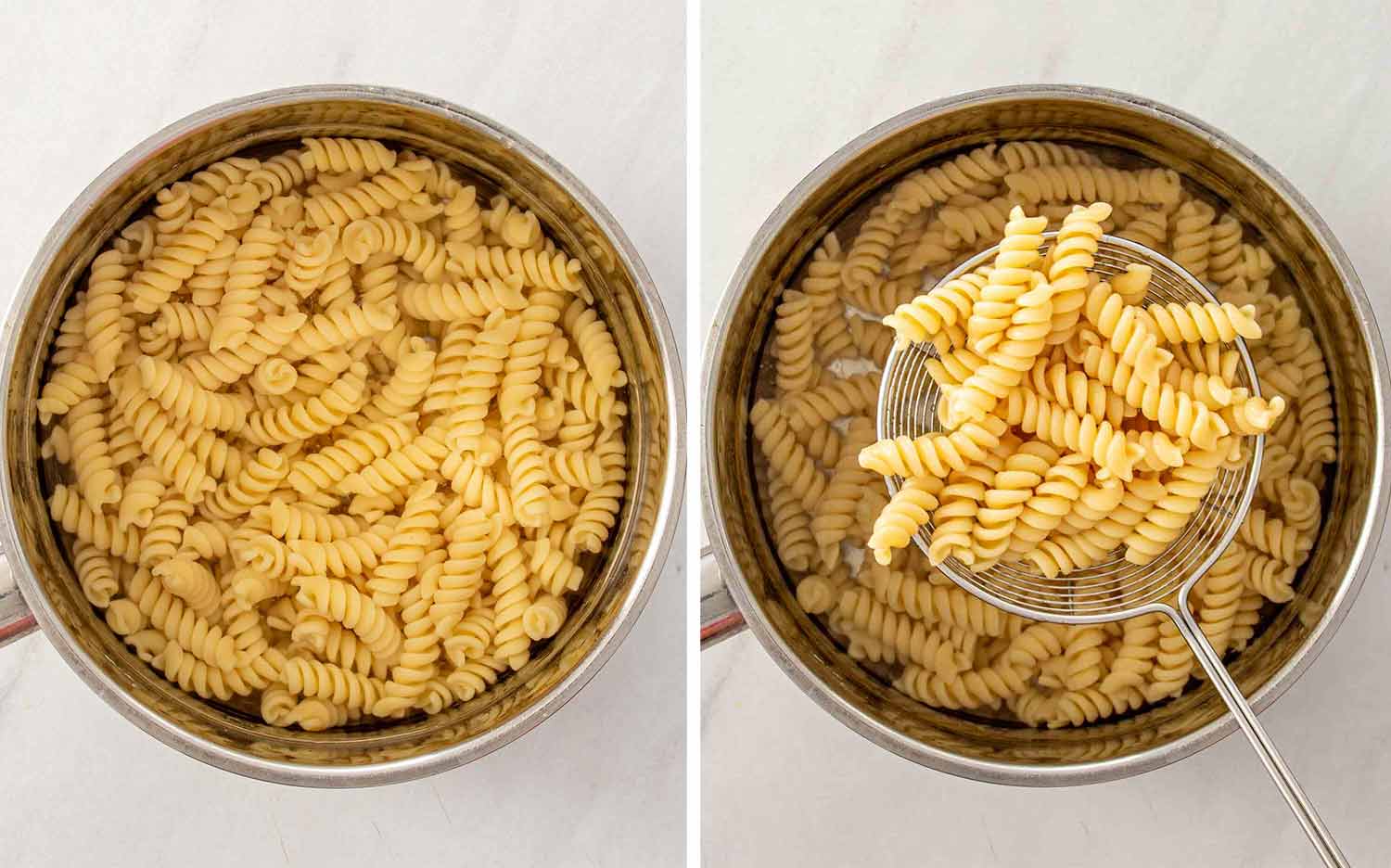 Rotini pasta cooking in a pot of water beside drained pasta lifted from the pot with a wire skimmer.