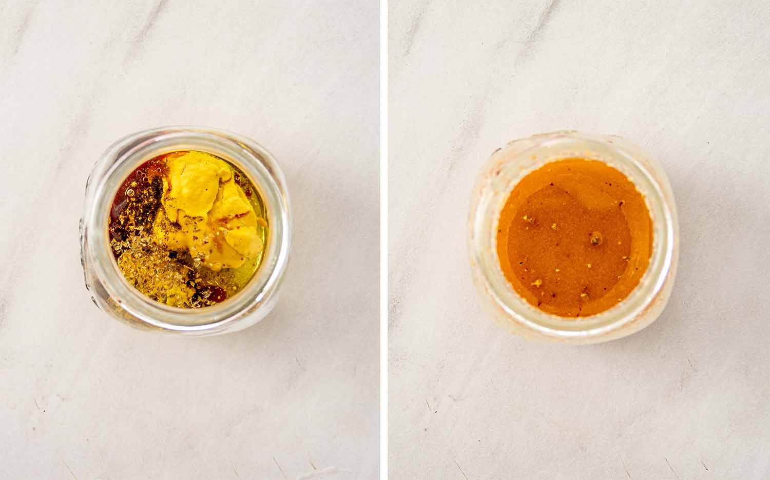 Olive oil, Dijon mustard, red wine vinegar, oregano, garlic, salt, and pepper shown before and after mixing.
