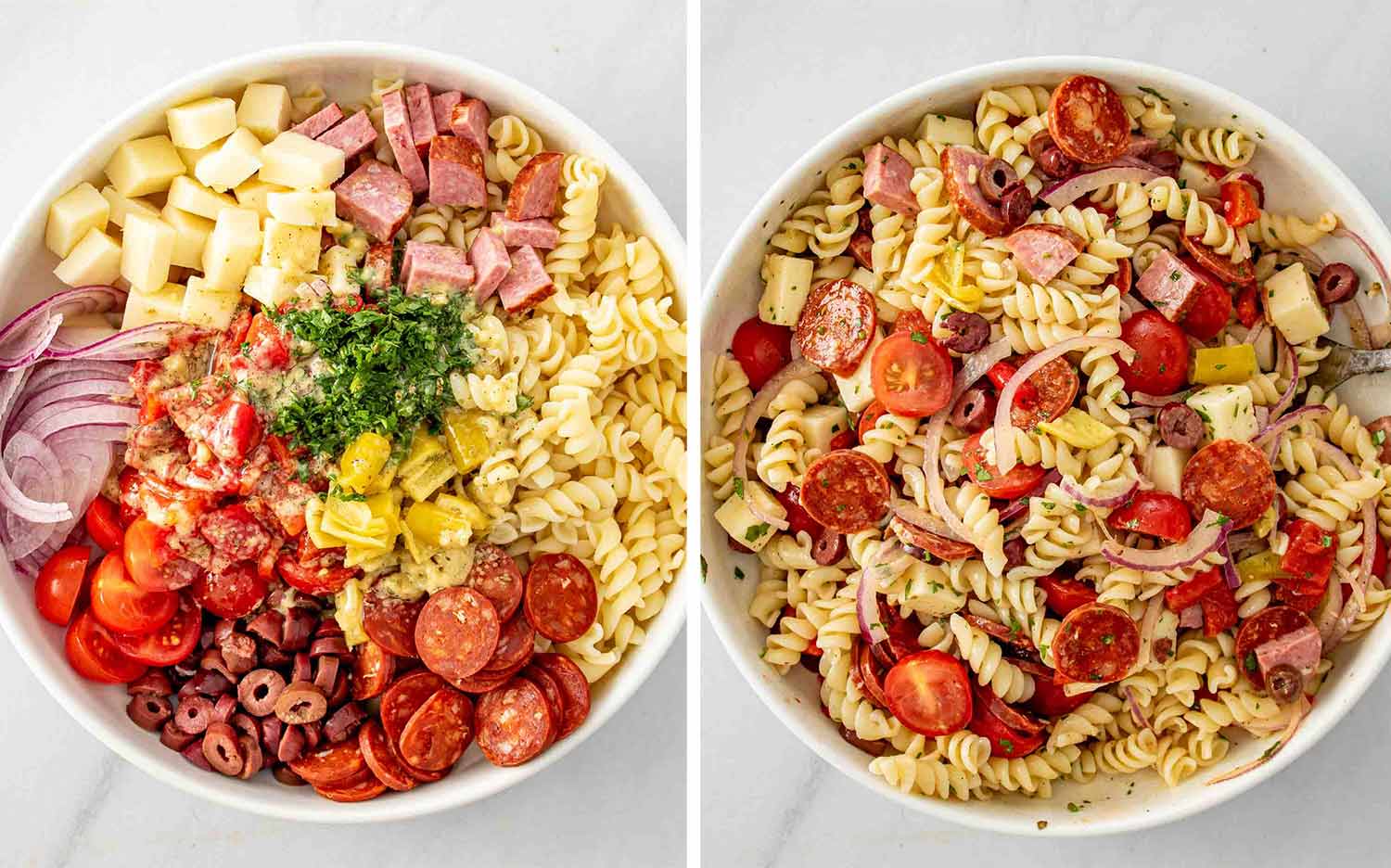 Italian pasta salad ingredients arranged in a bowl beside the finished salad, tossed with meats, cheese, tomatoes, and olives.