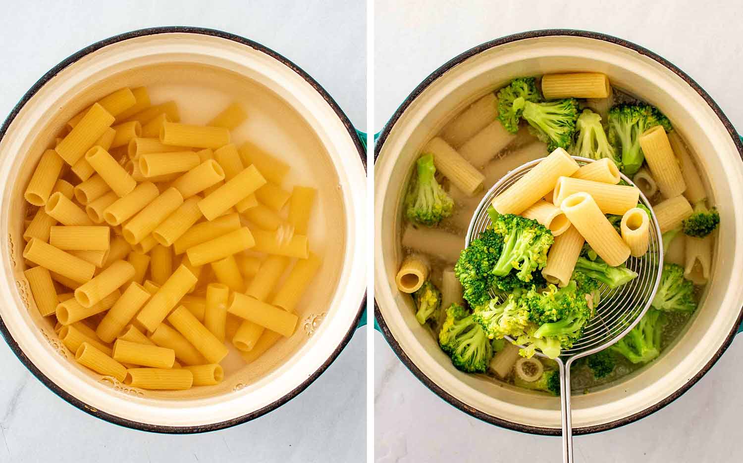 Two overhead images show rigatoni cooking in water, followed by broccoli added during the final minutes of cooking.