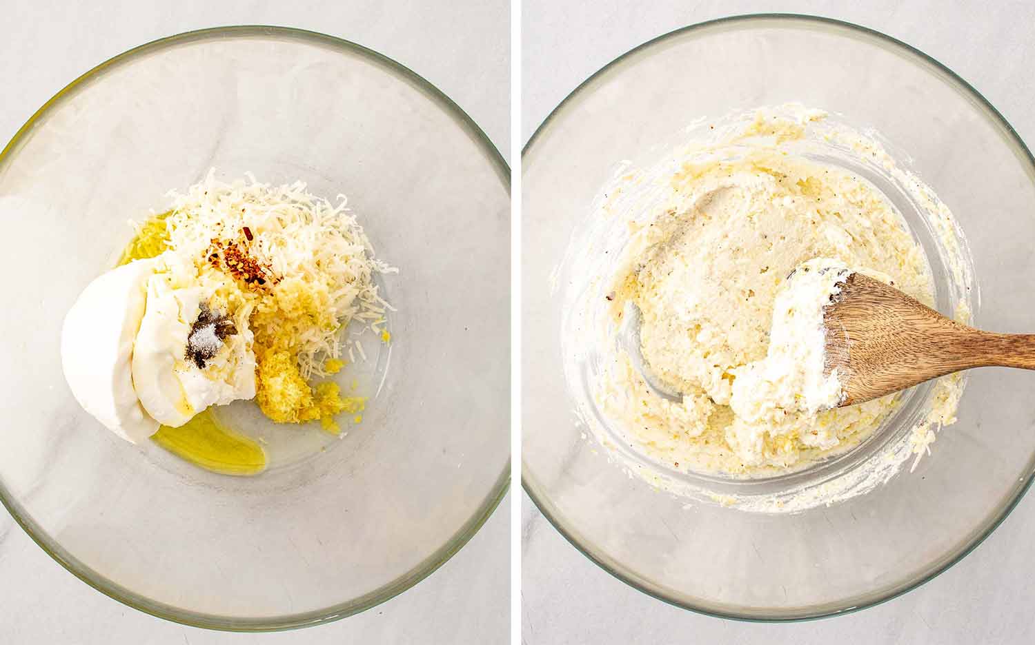 Two overhead images show ricotta sauce ingredients in a glass bowl before and after being stirred together.