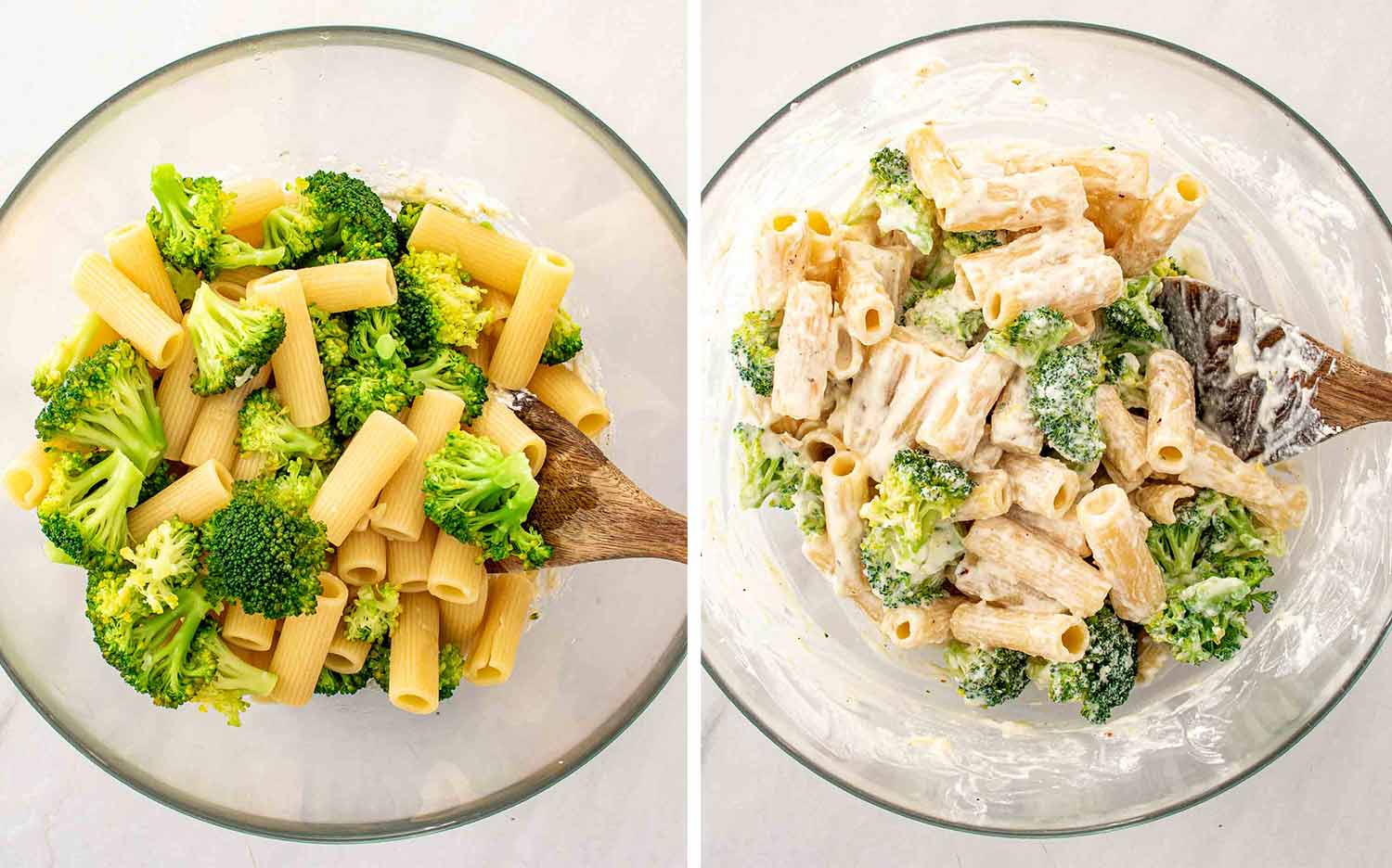 Two step images show drained rigatoni and broccoli added to ricotta sauce, then tossed together until creamy.