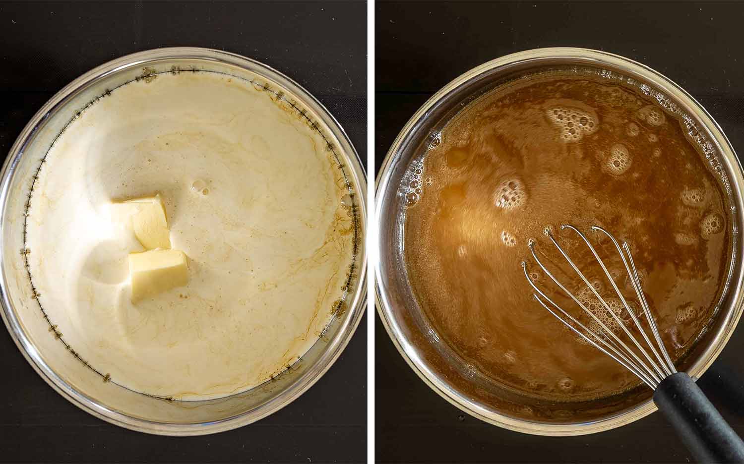 Heavy cream, butter, and maple syrup begin cooking before being whisked together into a bubbling amber mixture.