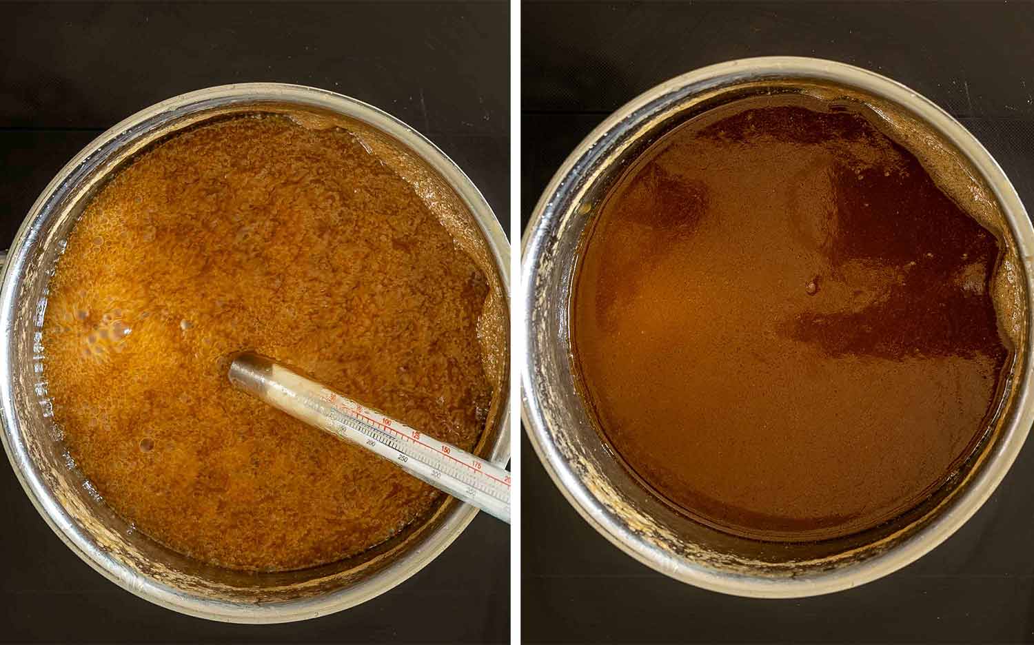 Candy thermometer measures bubbling maple mixture before it cools into a smooth, dark amber syrup in the saucepan.
