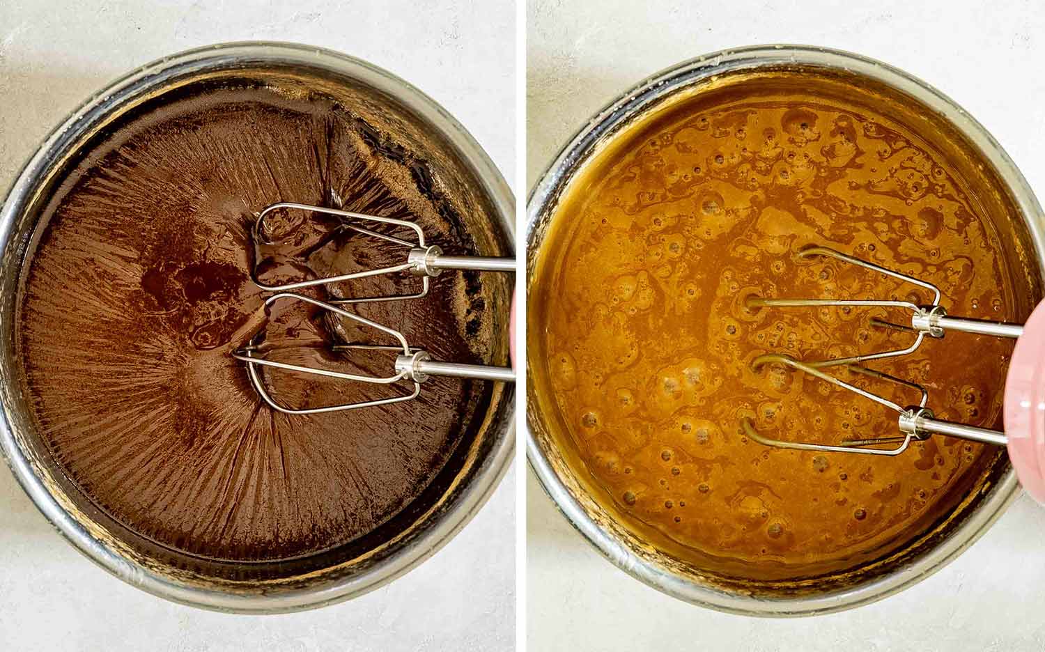 Two overhead views show dark cooked maple mixture becoming lighter and thicker while beaten with an electric mixer.