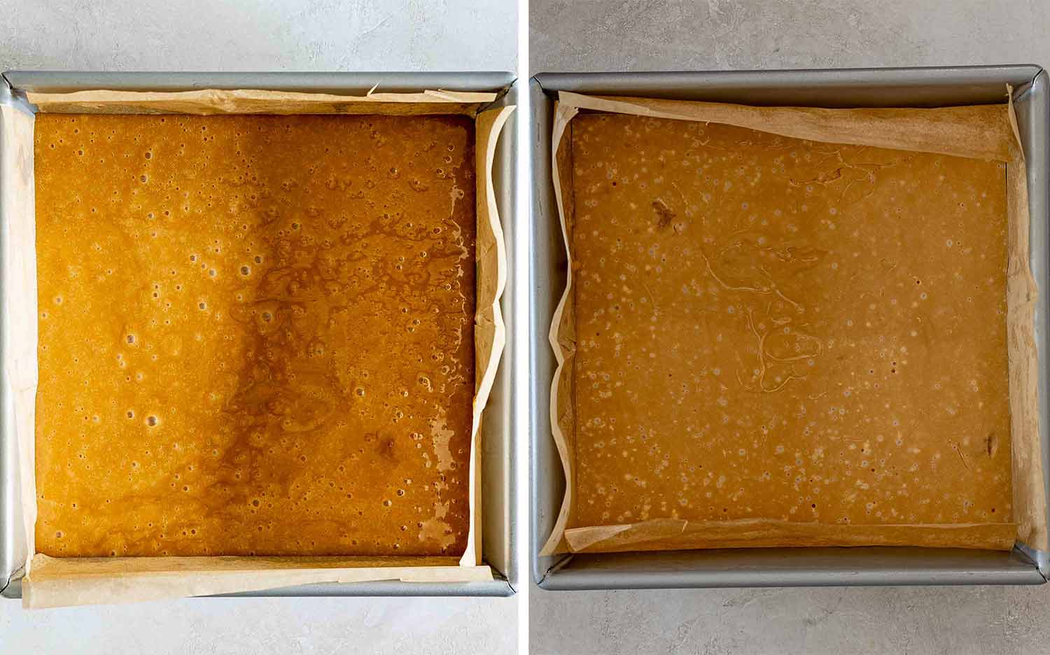 Side-by-side views show maple fudge freshly spread and fully cooled in parchment-lined square baking pans.