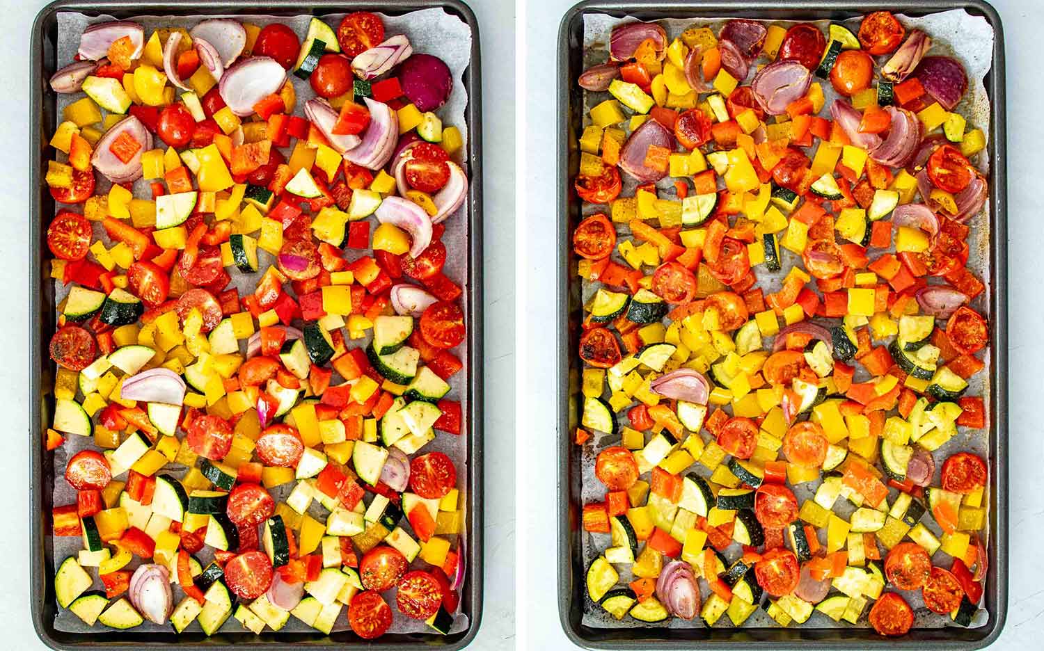 Colorful zucchini, peppers, tomatoes, and red onion shown before and after roasting on a parchment-lined baking sheet.