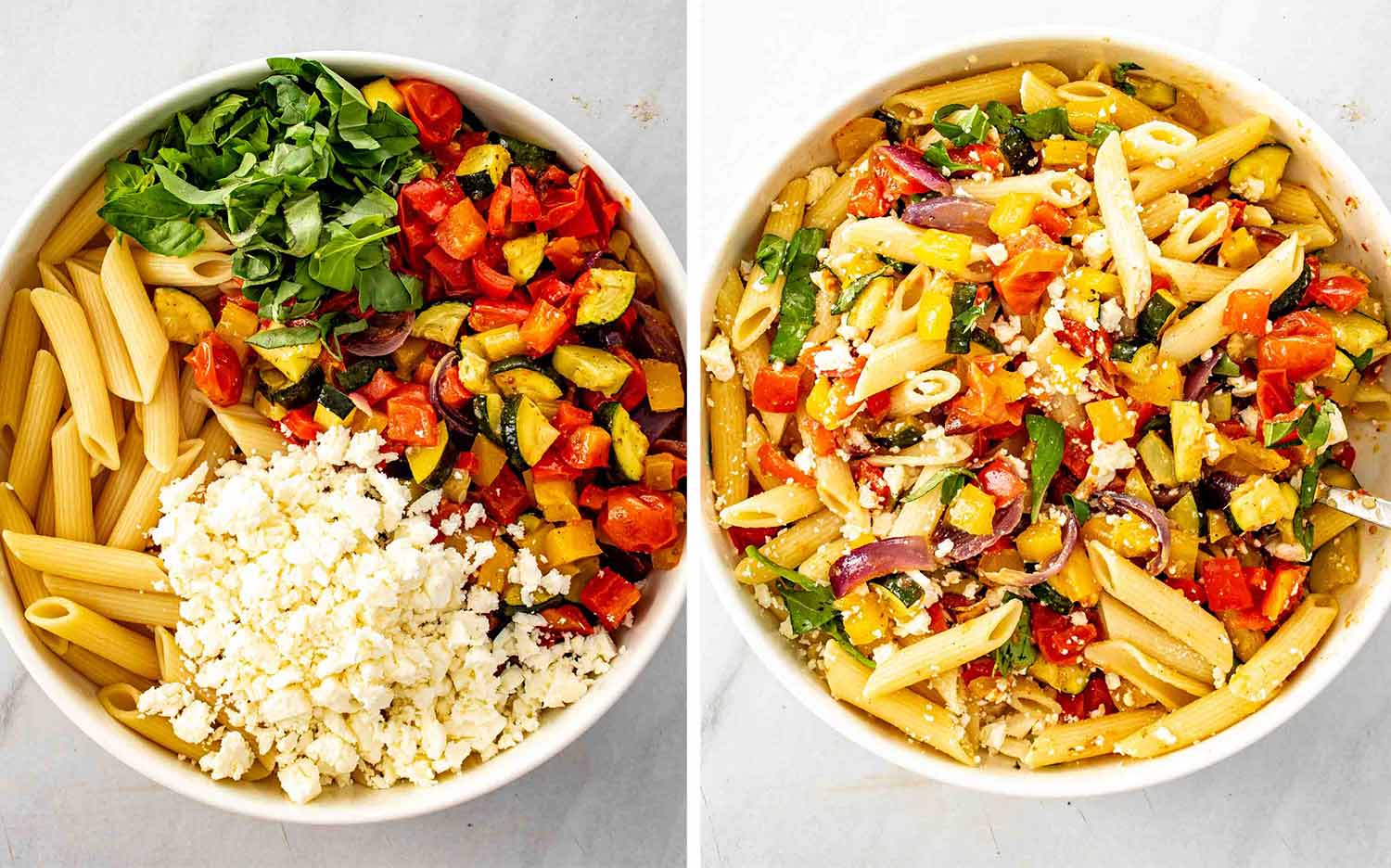 Cooked penne, roasted vegetables, feta, and basil arranged separately before being tossed together into a colorful pasta salad.