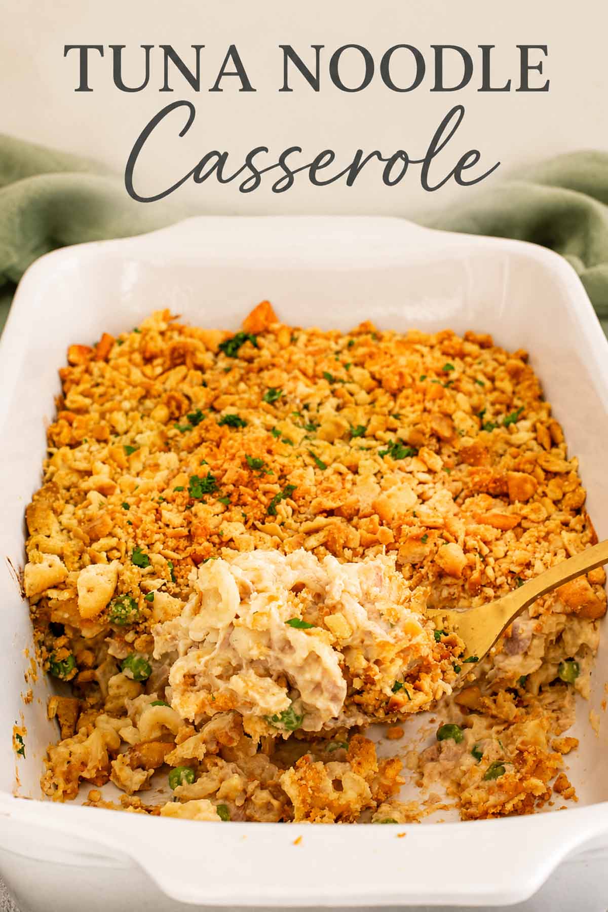 Pinterest graphic featuring tuna noodle casserole with a golden crumb topping and elegant recipe title displayed above.