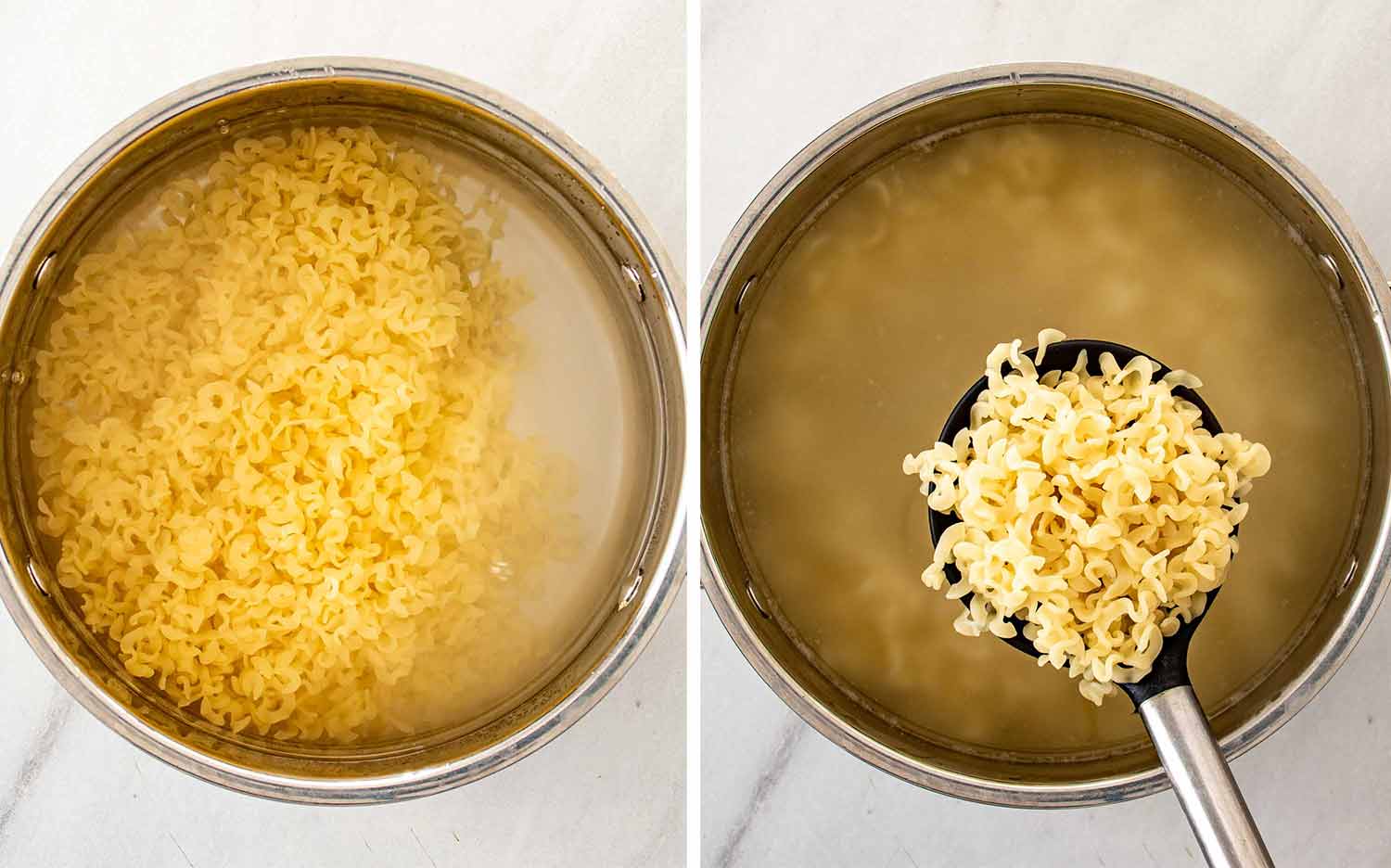 Egg noodles cook in boiling water, then a slotted spoon lifts the tender noodles from the pot.