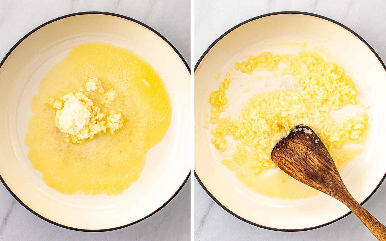 Butter melts beside minced garlic in a skillet, then flour is stirred in to create the roux.