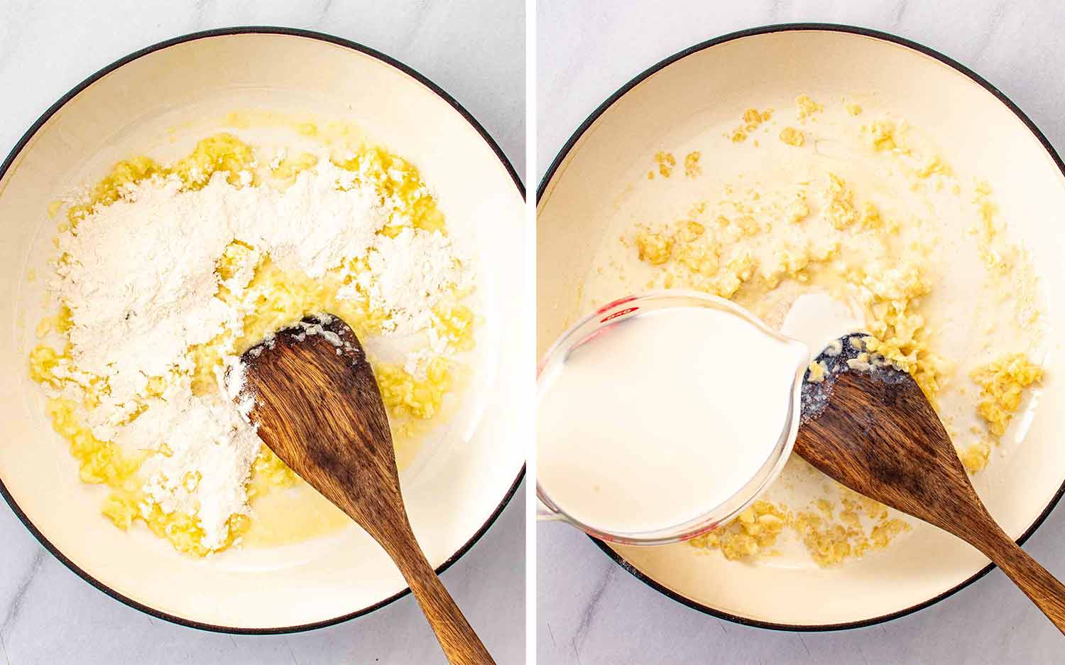 Flour is stirred into saut&eacute;ed onions and garlic before milk is poured in to begin the creamy sauce.