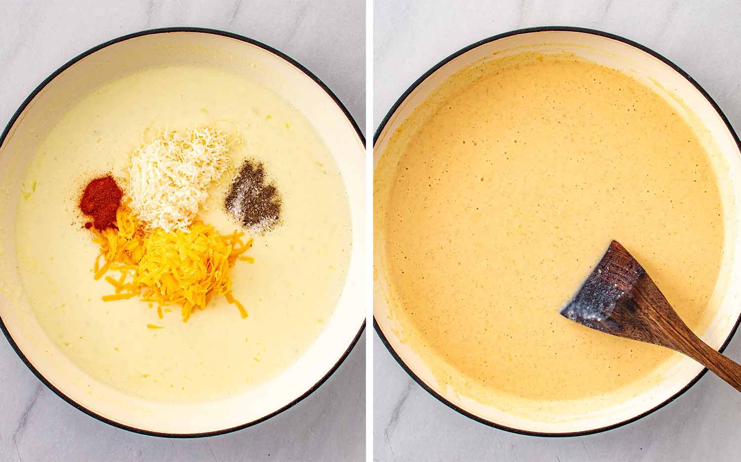 Cheddar, Parmesan, paprika, and pepper are added to the sauce, then stirred until smooth and creamy.