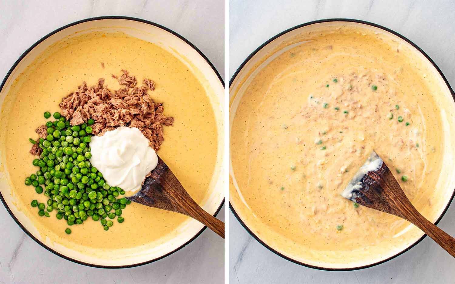 Tuna, peas, and sour cream are added to the skillet, then stirred into the creamy cheese sauce.