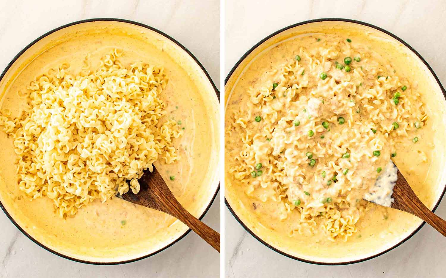 Cooked egg noodles are added to creamy tuna sauce, then stirred together with peas until evenly combined.