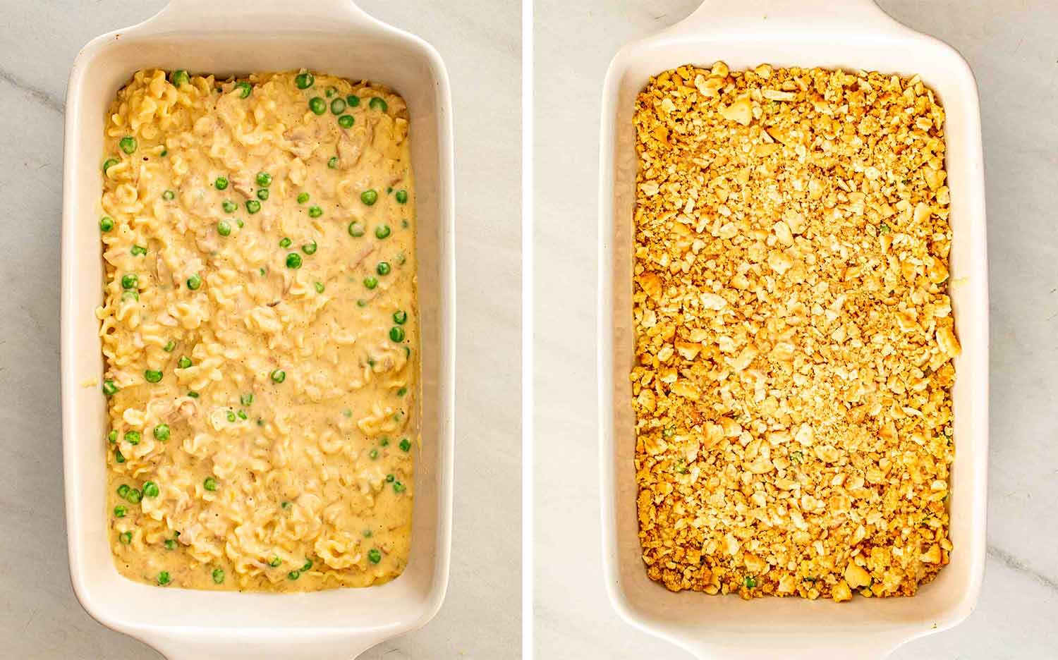 Two overhead views show creamy tuna noodle casserole before baking and finished with a crisp golden cracker topping.
