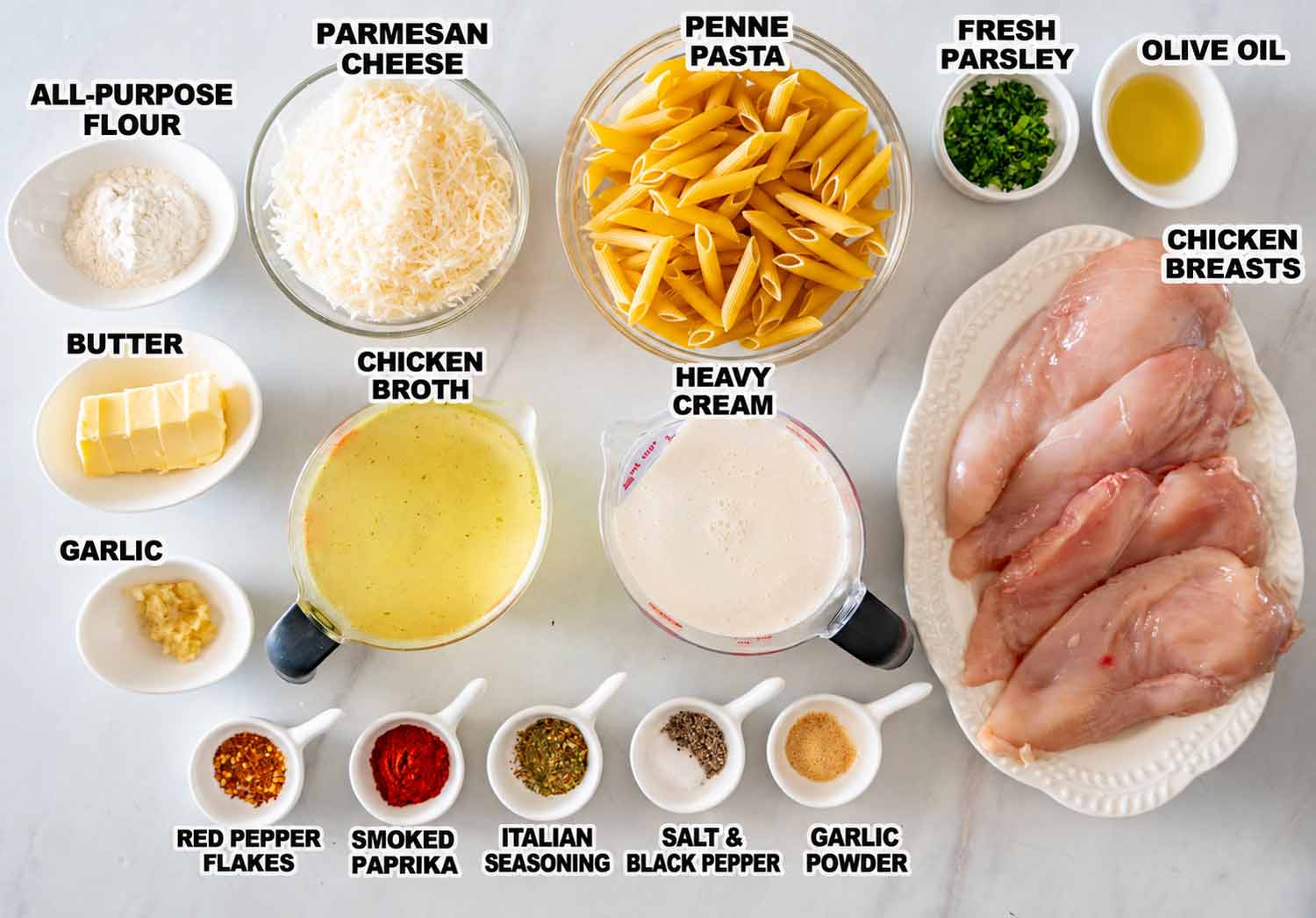 Labeled ingredients for creamy garlic Parmesan chicken pasta include chicken breasts, penne, Parmesan, cream, broth, butter, garlic, and seasonings.