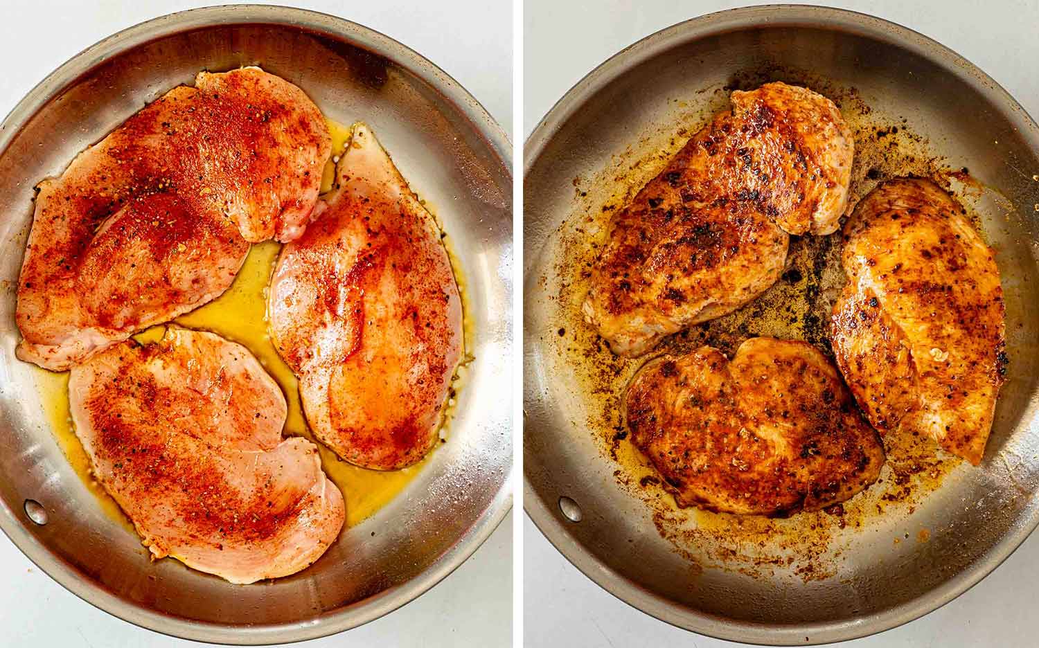 Seasoned chicken breasts cook in a skillet until deeply golden on both sides and fully cooked through.