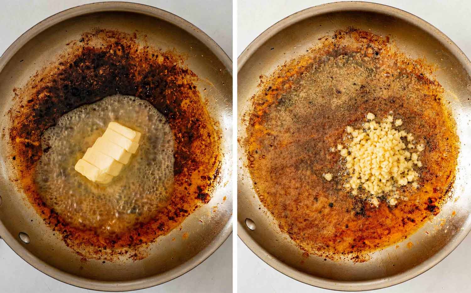 Butter melts in a skillet with browned chicken drippings before minced garlic is added and gently cooked until fragrant.