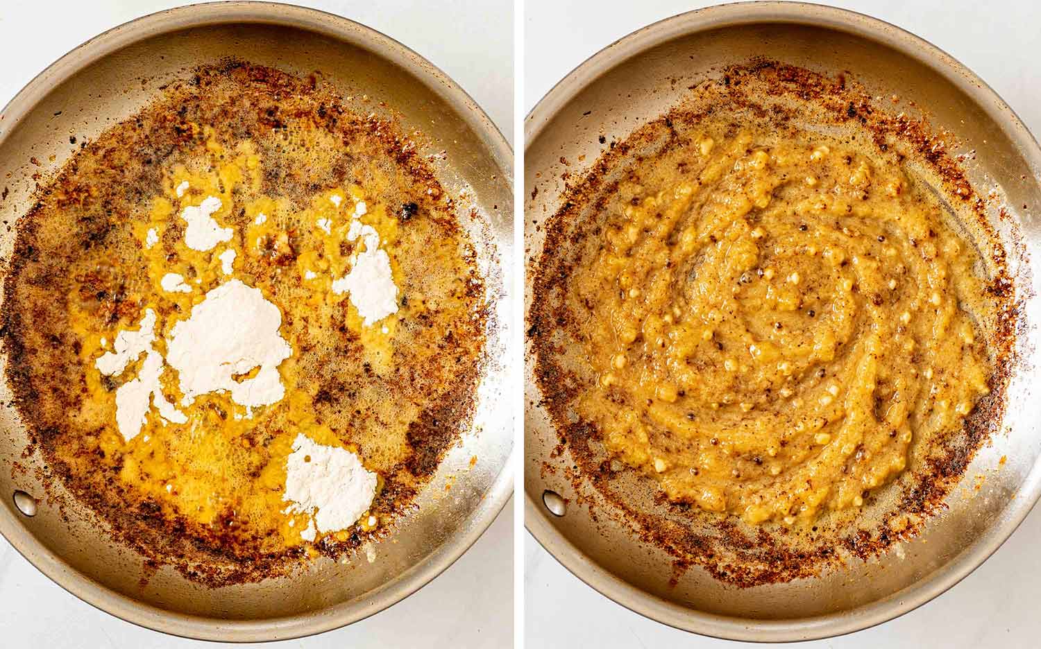 Flour is sprinkled over sizzling garlic butter, then stirred into a thick golden roux with browned pan drippings.