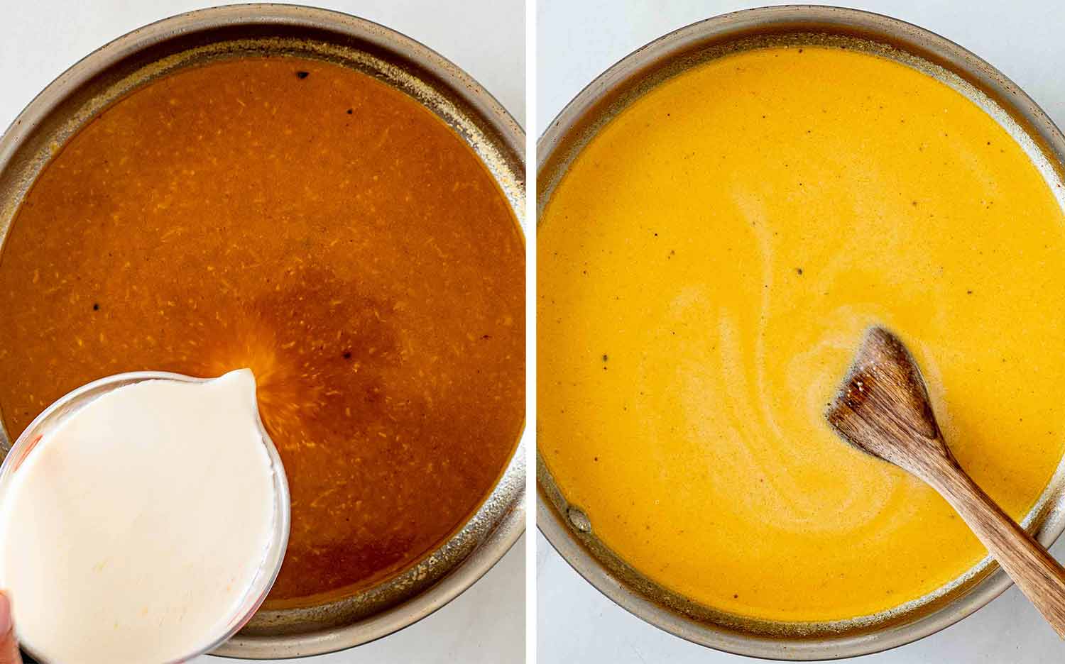 Heavy cream is poured into the simmering chicken broth mixture, then stirred into a smooth and creamy golden sauce.