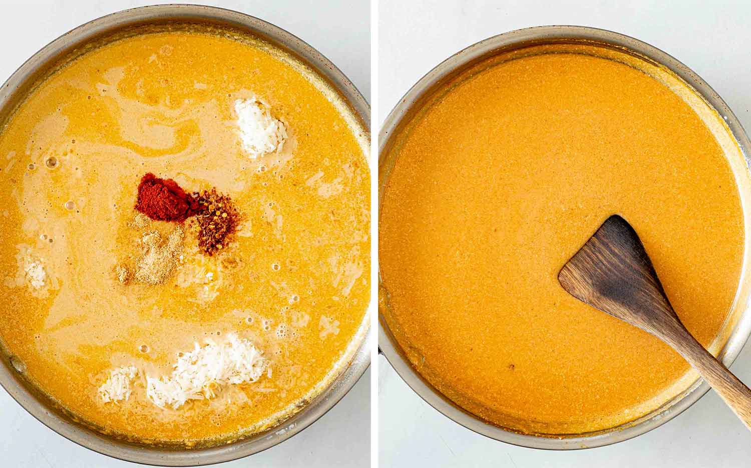 Smoked paprika and seasonings are added to the creamy sauce, then stirred until smooth, golden, and evenly blended.