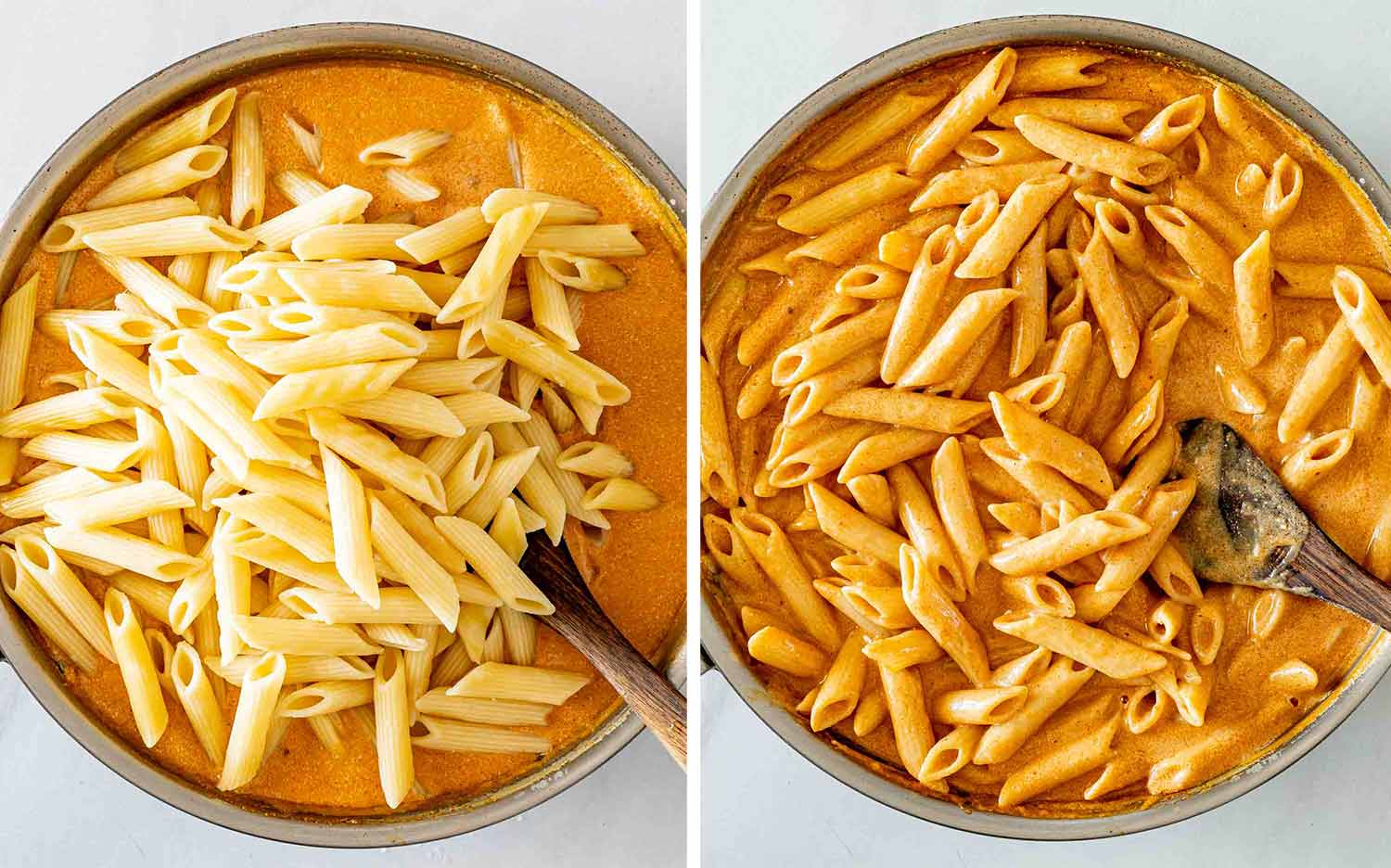 Cooked penne is added to the creamy garlic Parmesan sauce, then stirred until every piece is evenly coated.