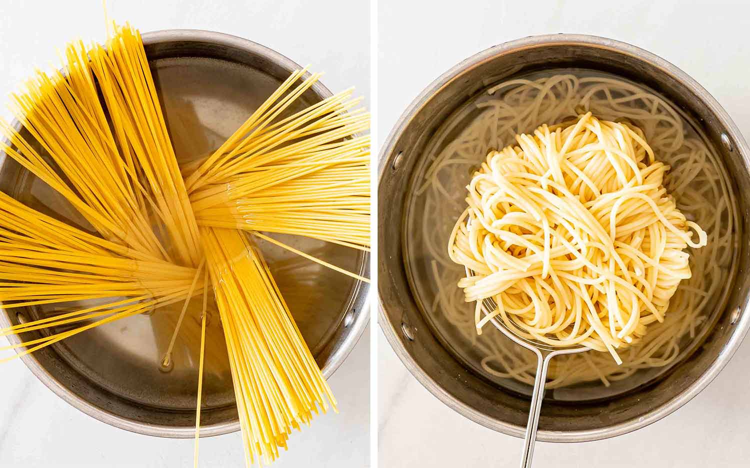 Dry spaghetti cooks in a pot of boiling water before being drained with a metal pasta strainer.