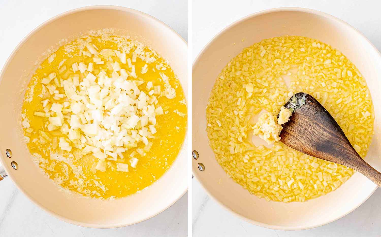 Diced onion cooks in melted butter and olive oil until softened, golden, and ready for the remaining ingredients.
