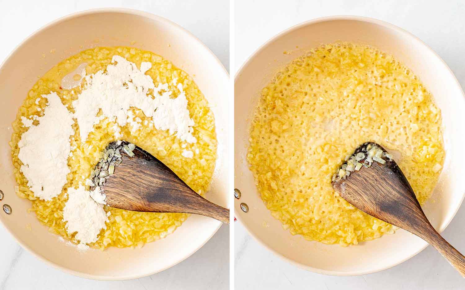Flour is sprinkled over the buttery onion mixture and stirred until evenly incorporated to create the creamy sauce base.