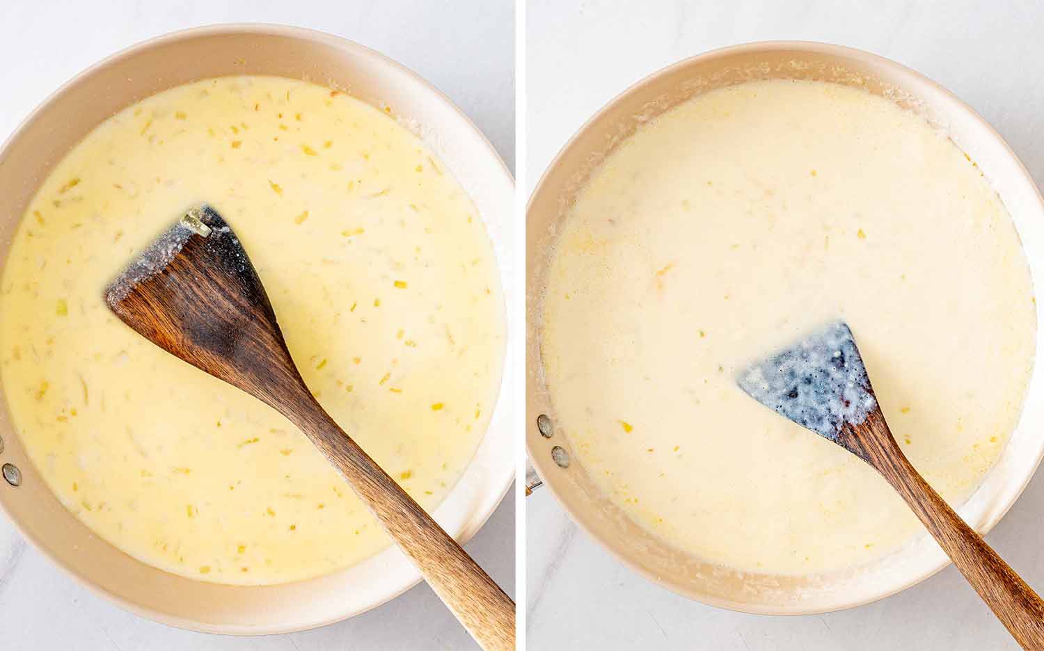 Milk and cream are gradually stirred into the skillet, creating a smooth, thickened sauce for the spaghetti.