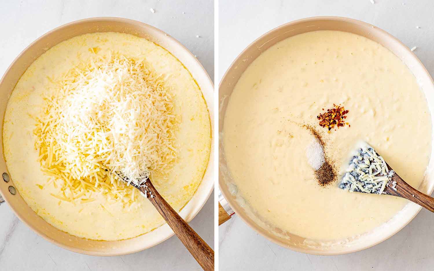 Grated cheese and seasonings are stirred into the creamy white sauce until melted, smooth, and beautifully combined.