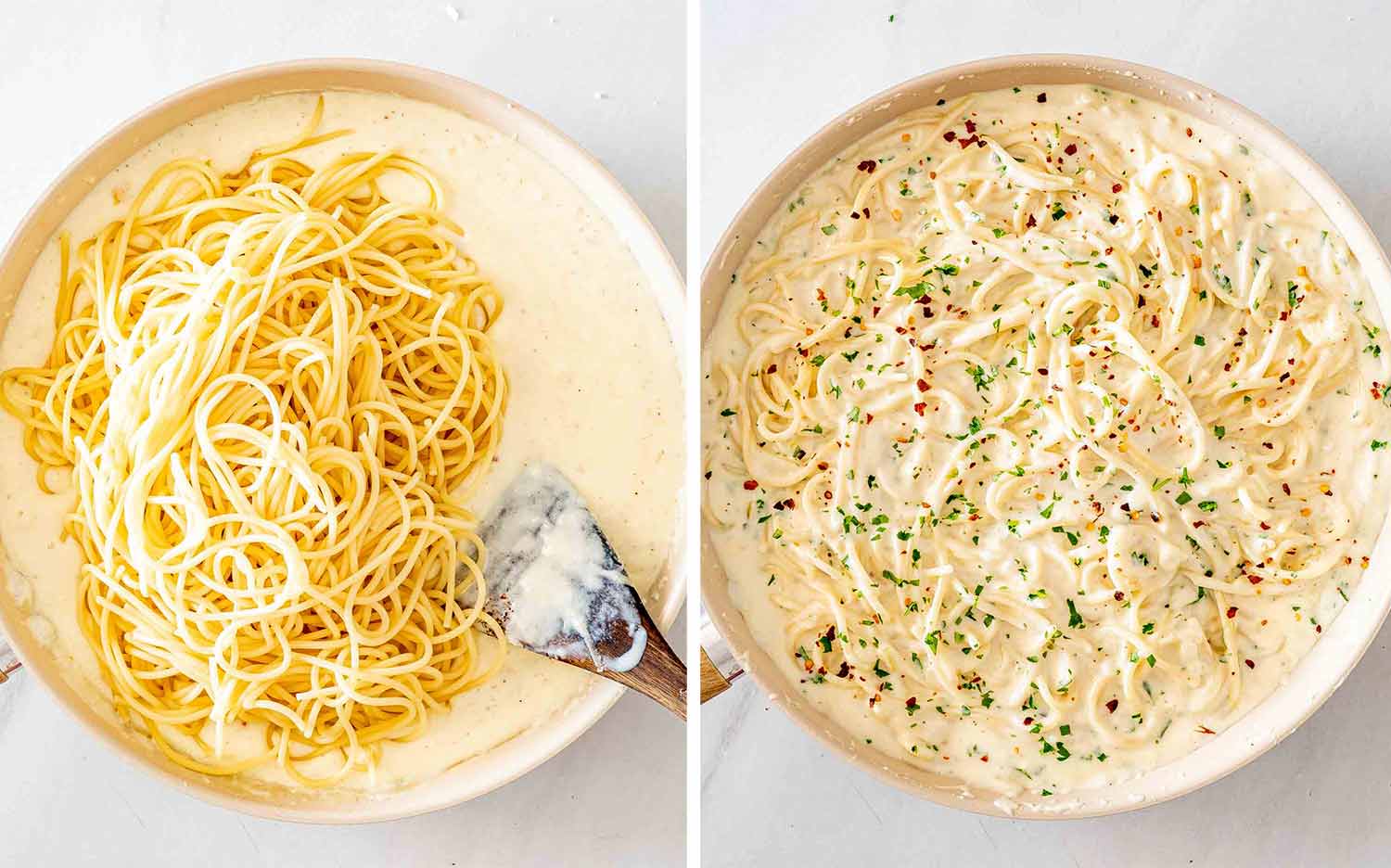 Cooked spaghetti is added to the creamy Parmesan sauce, then tossed until every strand is thoroughly coated.