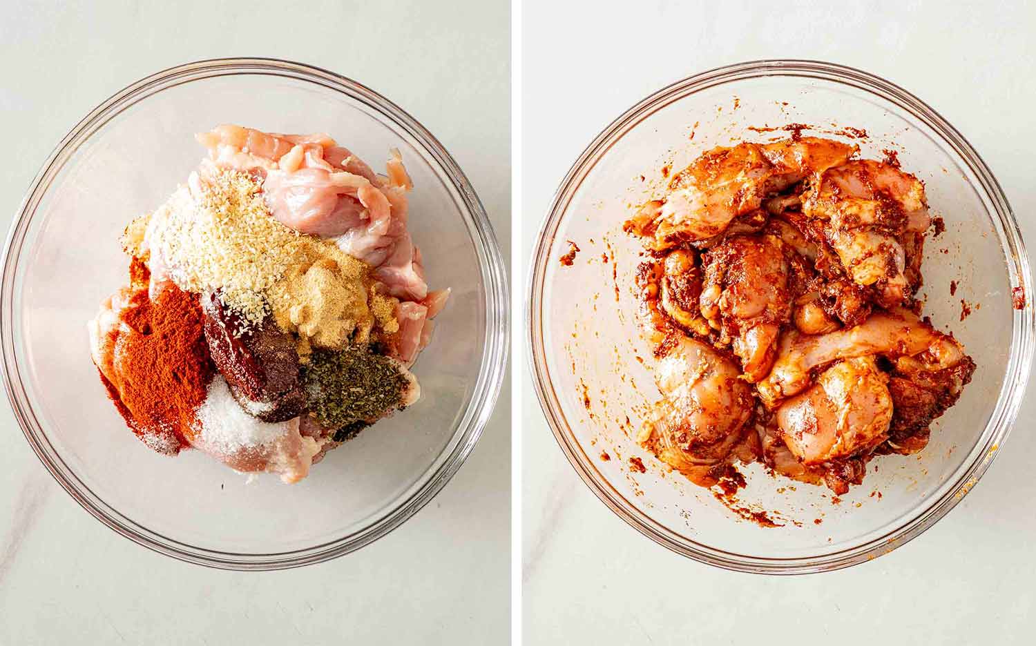 Raw chicken thighs with tomato paste and seasonings, followed by the thoroughly mixed and evenly coated marinated chicken.