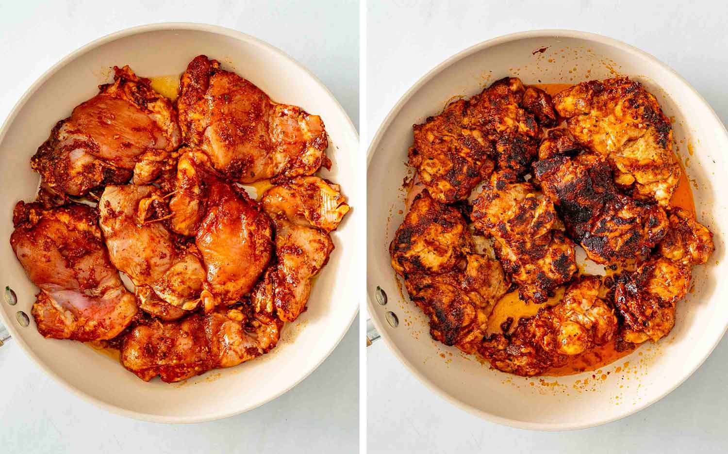 Marinated chicken thighs arranged in a skillet, then seared until deeply golden brown and caramelized on both sides.