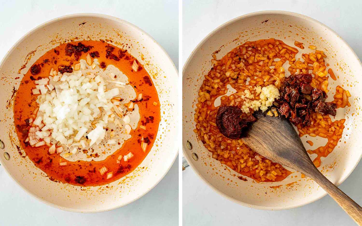 Chopped onion cooking in the seasoned skillet, followed by garlic, tomato paste, and chopped sun-dried tomatoes being stirred together.