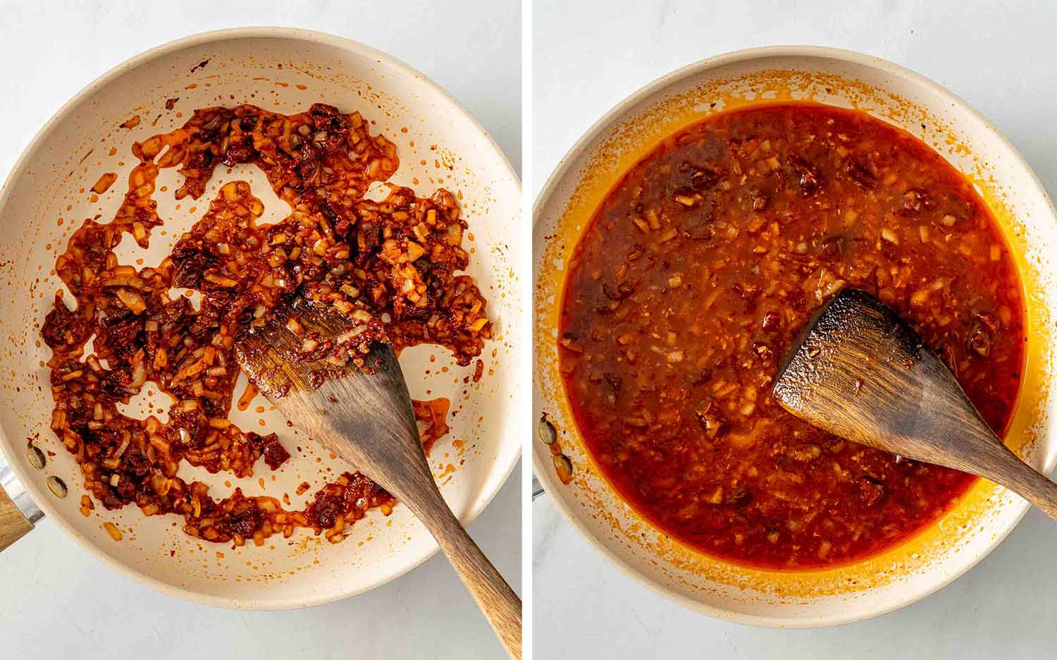 Sun-dried tomato mixture cooking until darkened, followed by vegetable broth added to create the richly flavored sauce.