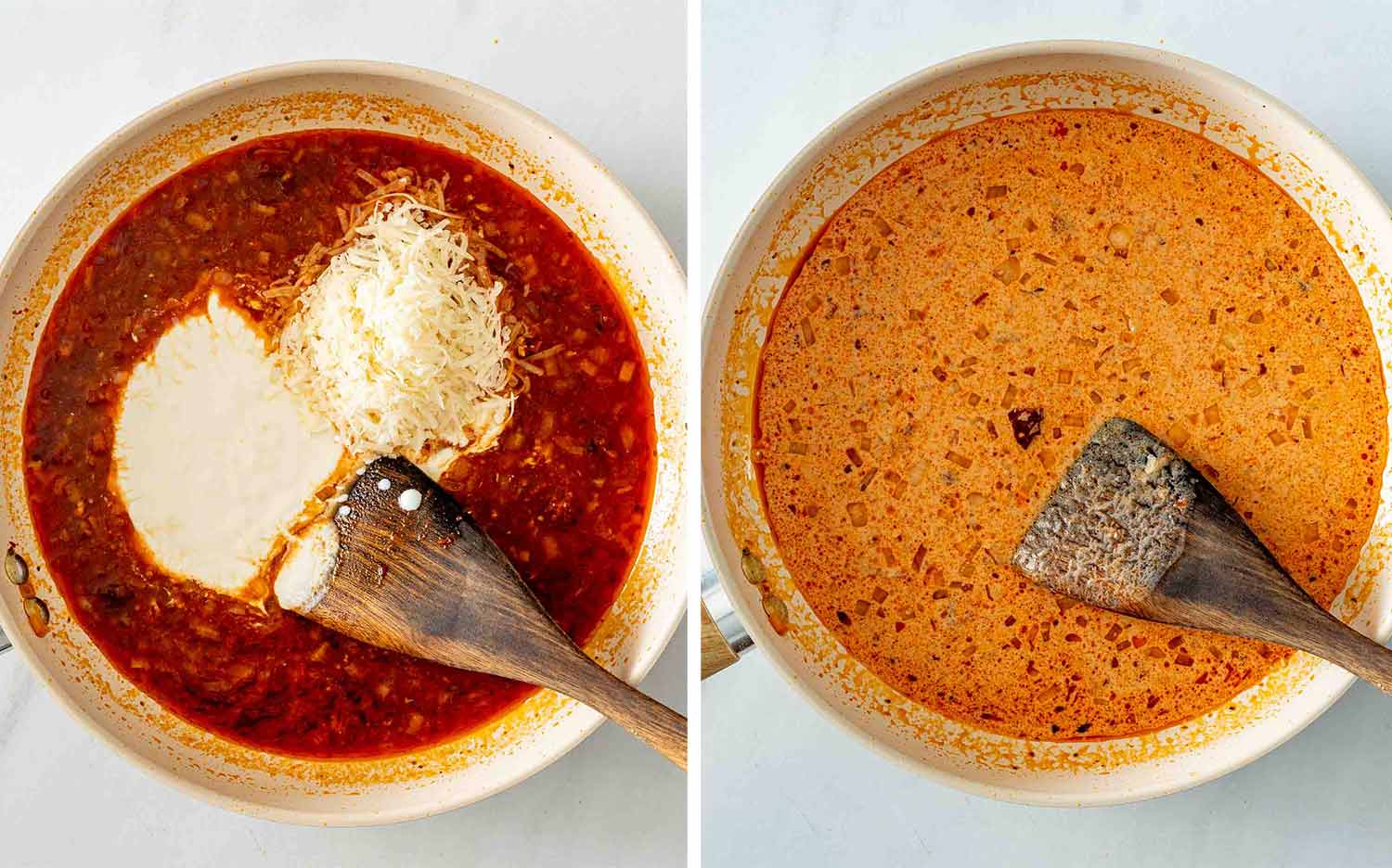 Heavy cream and Parmesan added to the tomato sauce, followed by the smooth and creamy finished sauce.