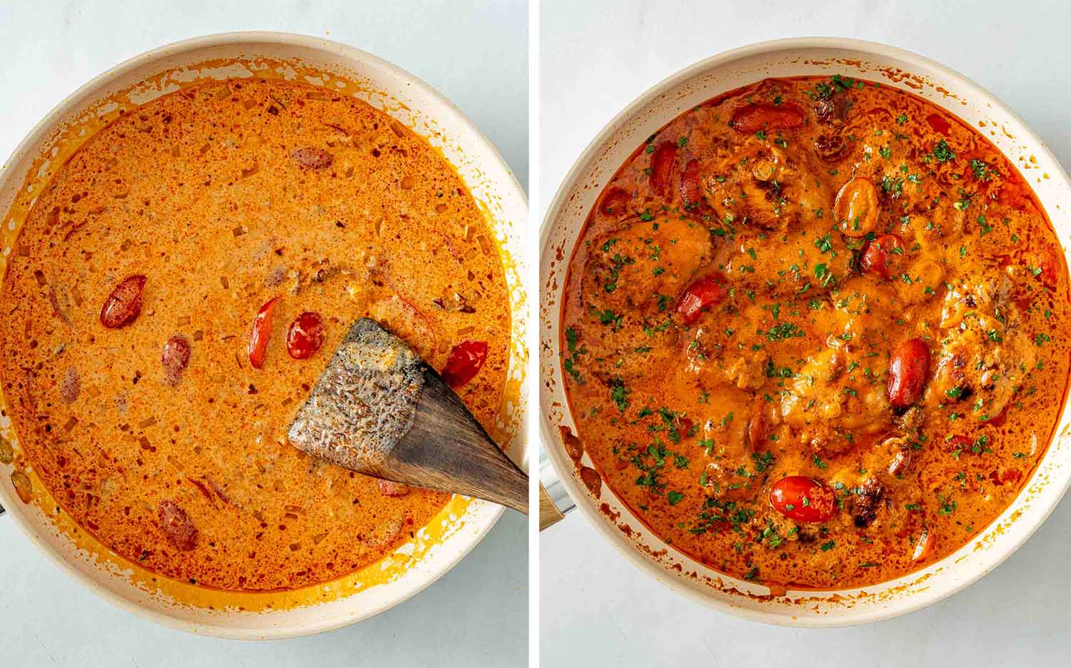 Cherry tomatoes added to the creamy sauce, followed by chicken thighs simmering together until tender and fully cooked.