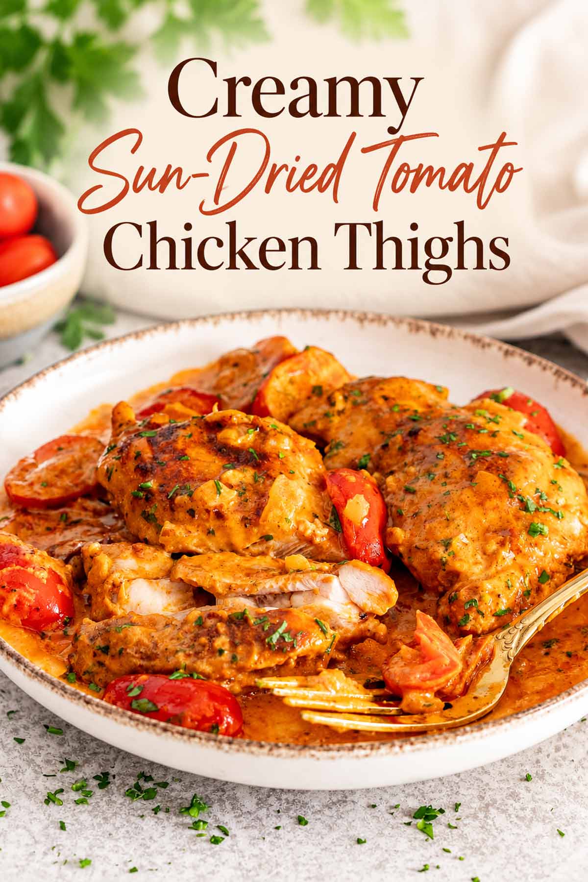 Creamy sun-dried tomato chicken thighs with an elegant recipe title above the plated chicken and tomato sauce.
